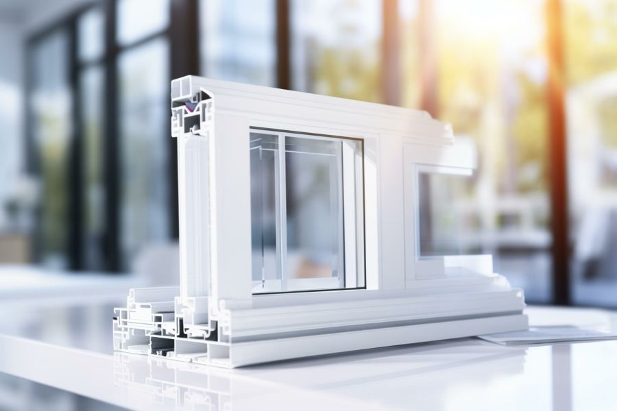 Profilo bianco con finestre in PVC a triplo vetro su sfondo sfocato.